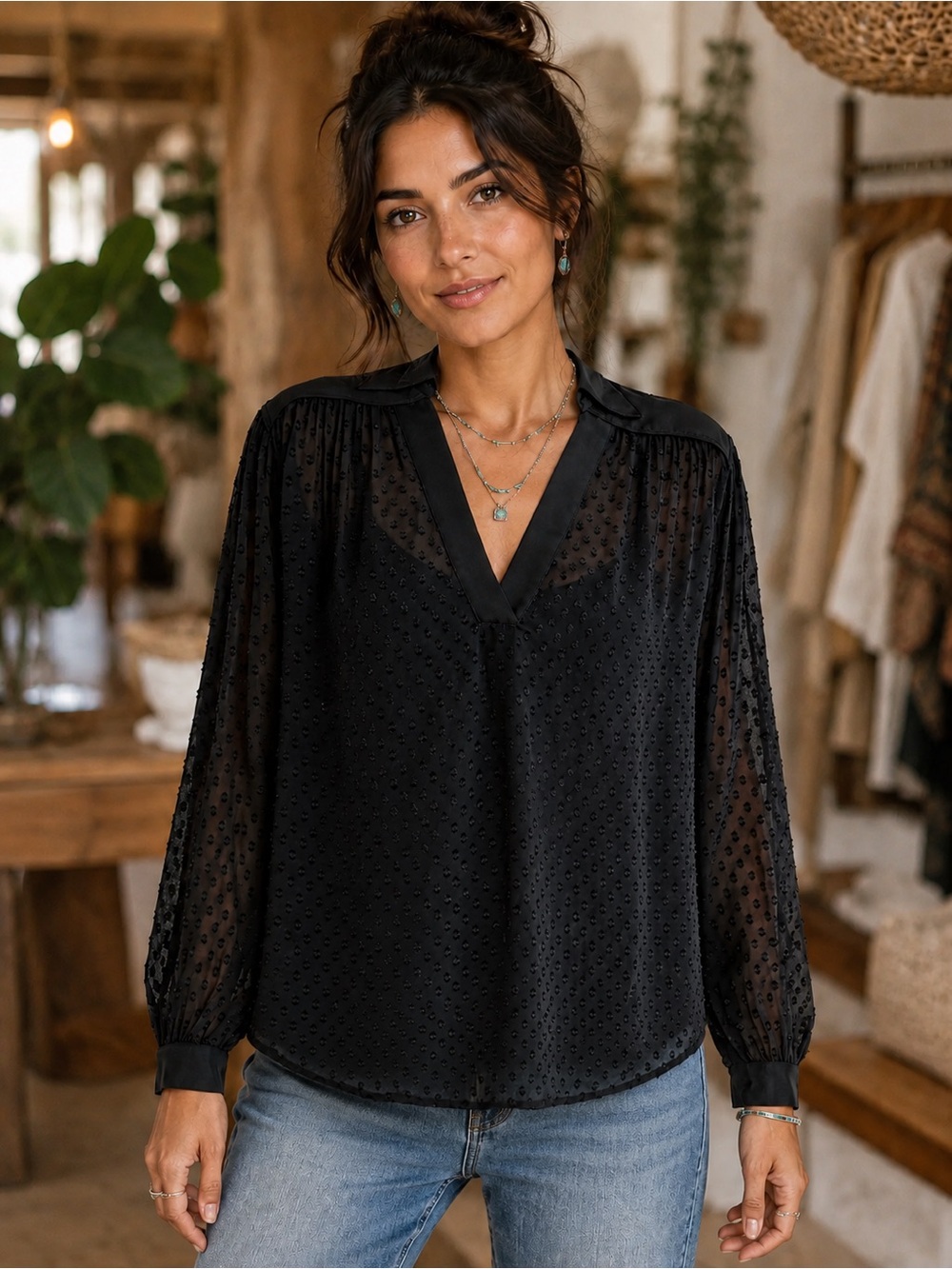 Madewell Clip Dot Long Sleeve Popover Top
